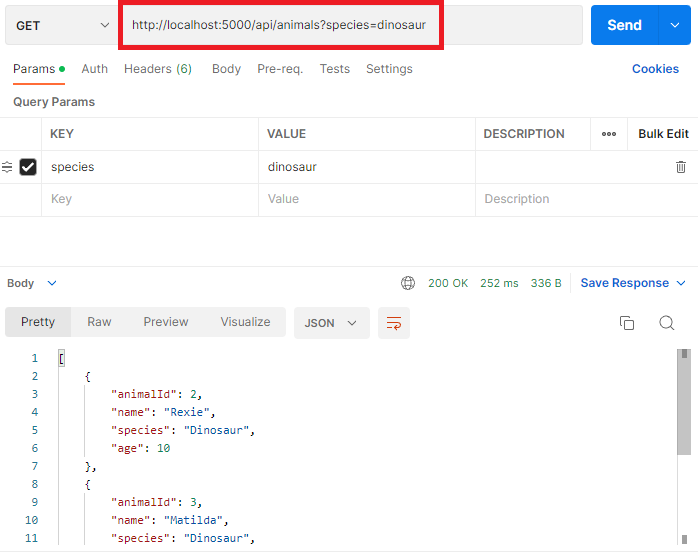 Result of API call with search parameter in Postman