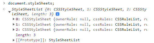 This image shows the result of typing in `document.styleSheets` into the DevTools console: there&#39;s 3 separate `CSSStyleSheet` objects, each representing a different style sheet in our webpage.