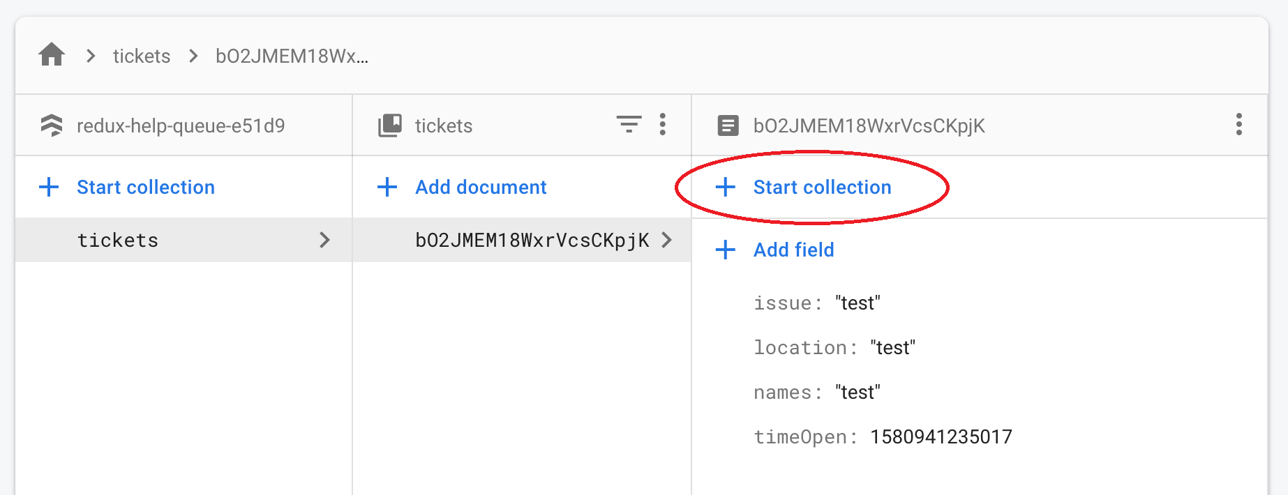 Example shows how we can add a subcollection to a record in Firestore&#39;s UI.