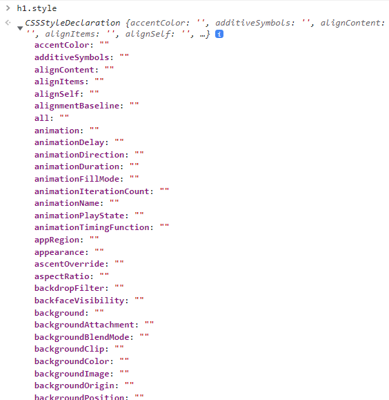 This image shows the `h1.style` property (with a value of a `CSSStyleDeclaration` object) expanded in the DevTools console.