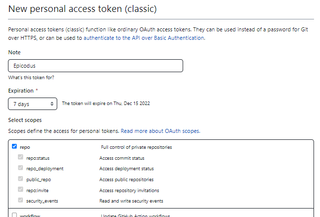 This image shows the new personal access token menu. The _repo_ checkbox is clicked.