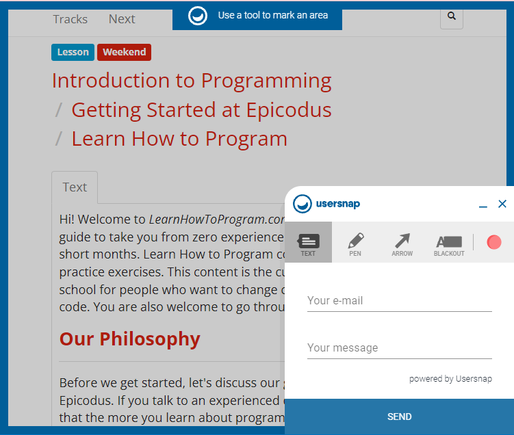 Image of learnhowtoprogram.com feedback tool menu.