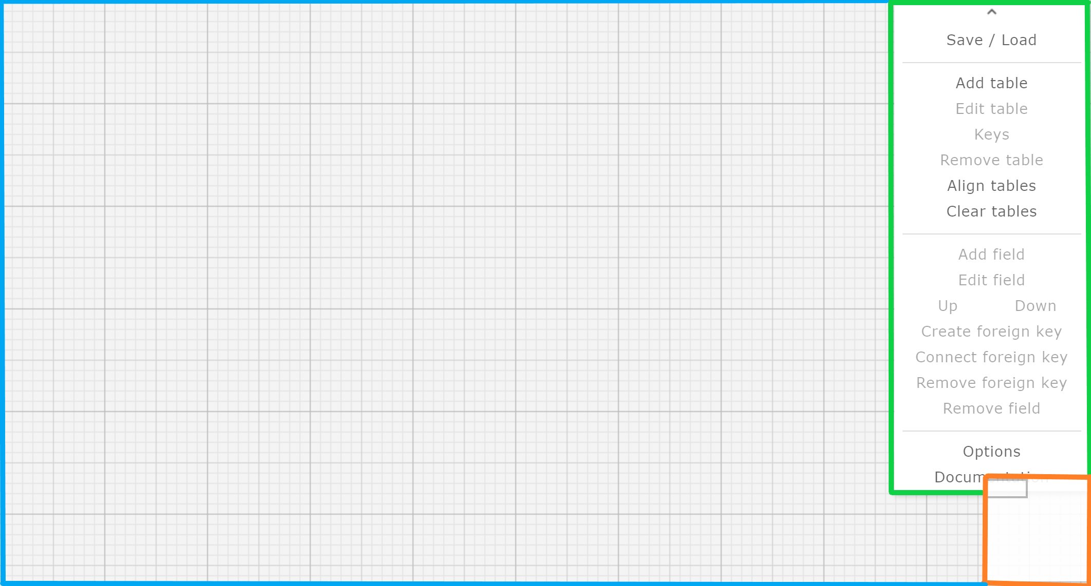 This is the main screen of SQL designer. Colored lines are drawn around different sections.