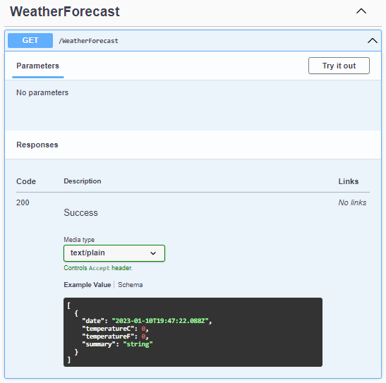 The expanded GET /WeatherForecast endpoint within the Swagger UI.