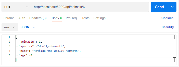 Adding a body to a PUT request to `http://localhost:5000/api/animals/1` using Postman.