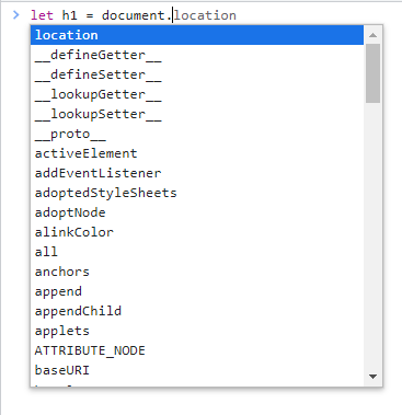 This image shows the result of entering `let h1 = document.` into the DevTools console: a pop-up box with autocompletion suggestions.