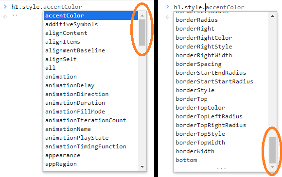 This image shows two views of entering `h1.style.` into the DevTools console: on the left, the beginning of the list of autocompletion suggestions, and on the right, the end of the list that shows that the list of `style` properties is cut off and incomplete.