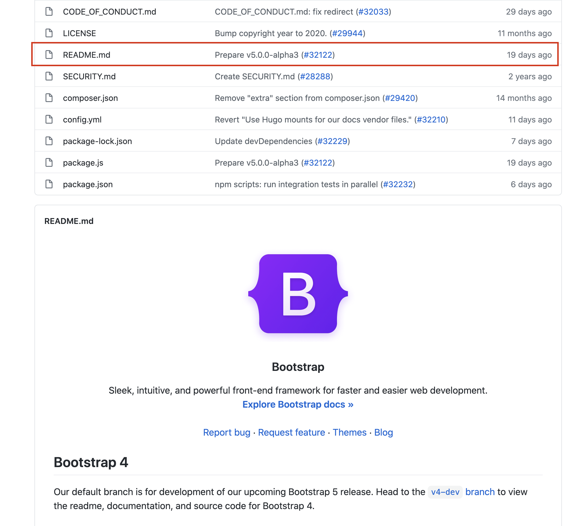 This image shows the README.md file as well as part of the README for Bootstrap in GitHub.