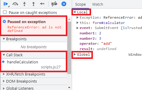 This image shows the bottom of the Source tab with information about the error message, call stack, and scope.