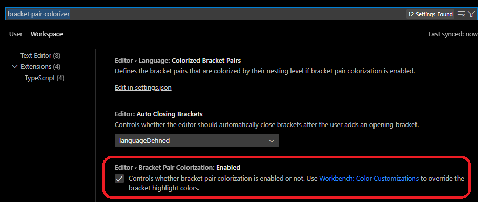 Search for the &quot;bracket pair colorizer&quot; or &quot;bracket pair colorization&quot; setting in VS Code.