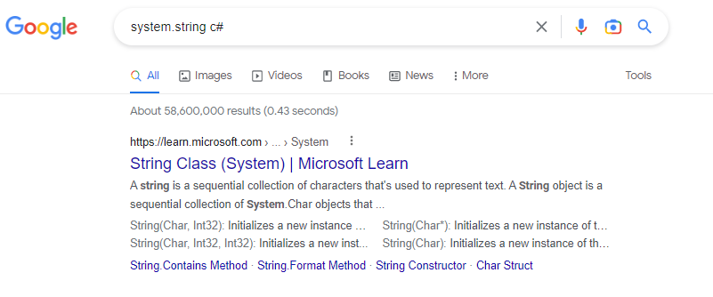 A view of the Google search engine results for &quot;system.string C#&quot;.