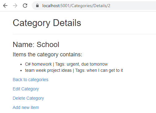 To Do List app&#39;s category details page that lists items and tags that belong to each item.