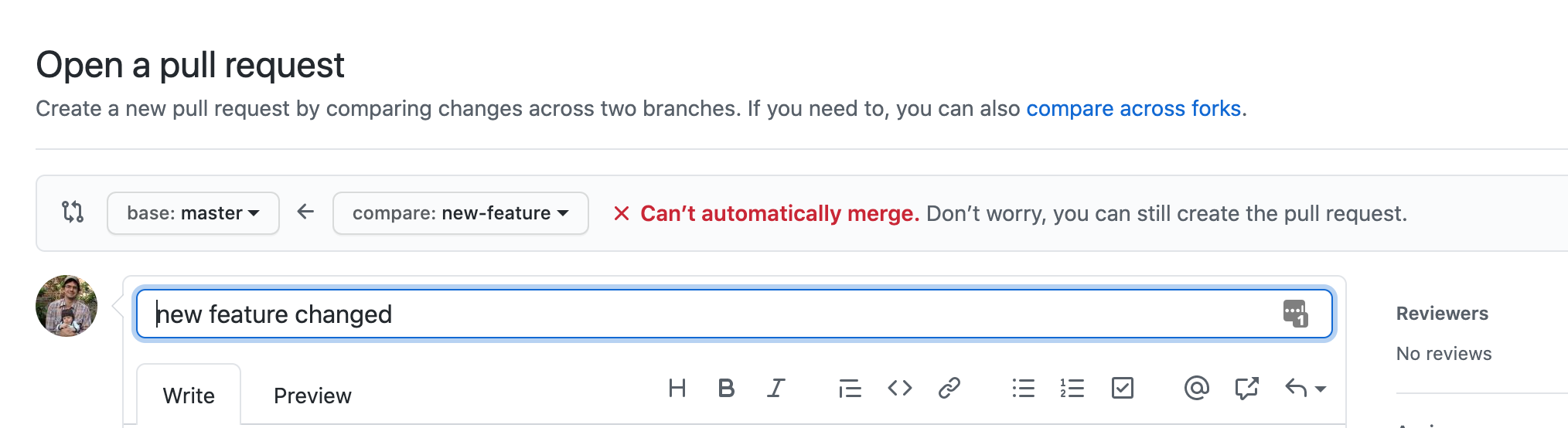 Message states we can&#39;t automatically merge.