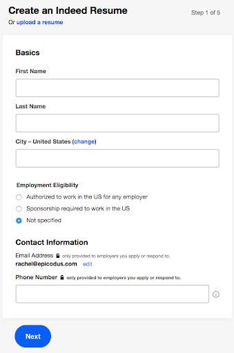 An image displaying the Indeed Resume Form