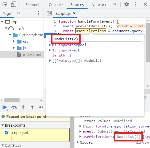 This image shows that we can hover over the `userSelections` variable to determine that it is a `NodeList` object.