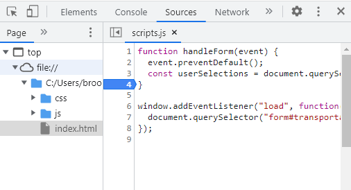 This images shows that we add a breakpoint after we create the `userSelections` variable.