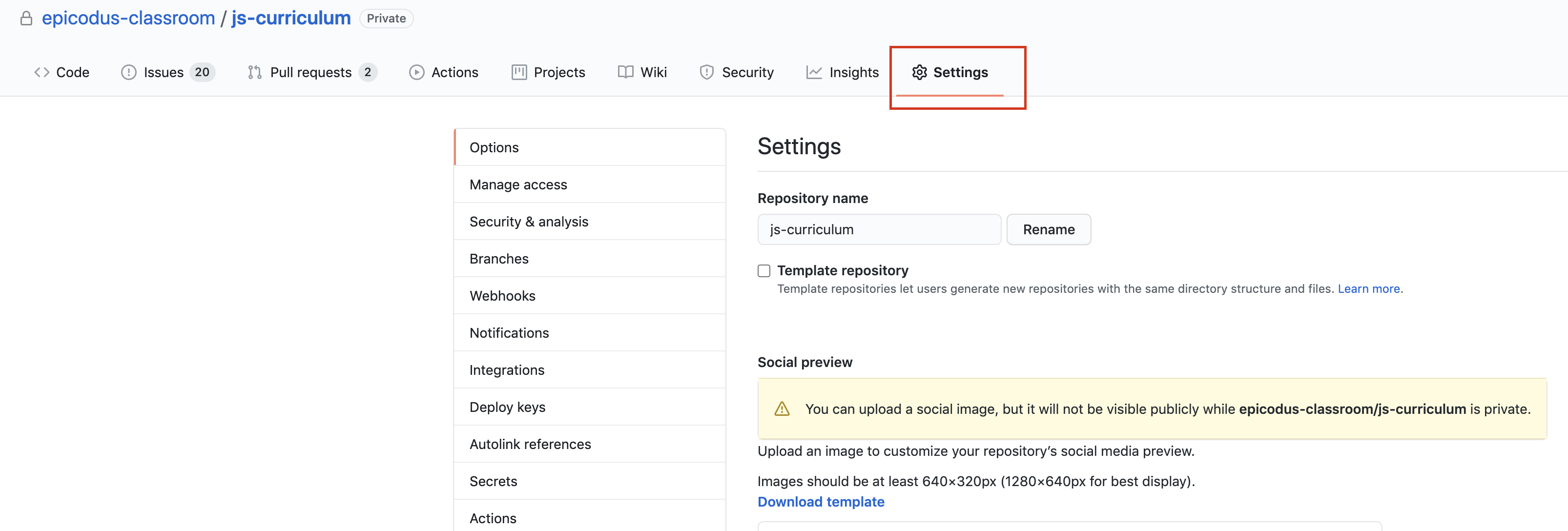 GitHub repo settings