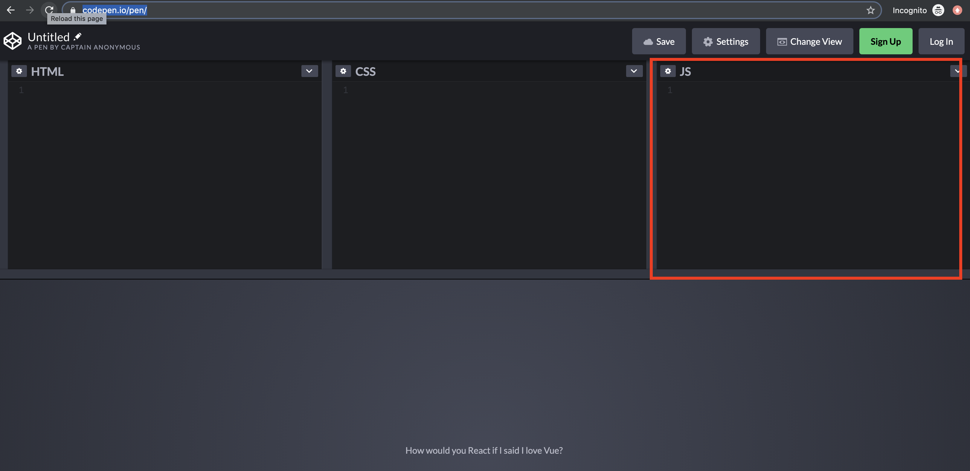 An image of panels in Codepen. JS is on the right.