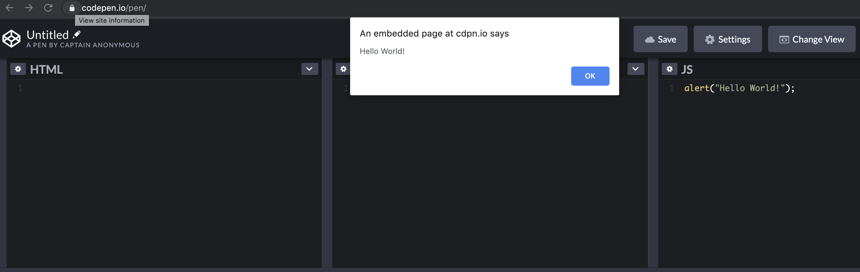 An image showing an alert in Codepen. The alert code is showing on the right.