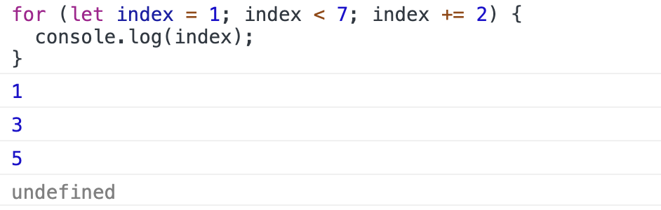 Console shows index incrementing 1,3,5 and then undefined.