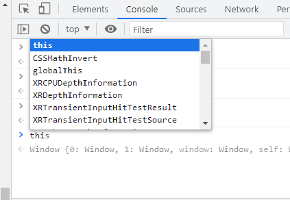 An image that shows the autocomplete suggestions after typing in &quot;thi&quot; into the console.