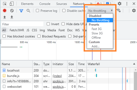 This image shows the throttling option in the DevTools _Network_ tab.