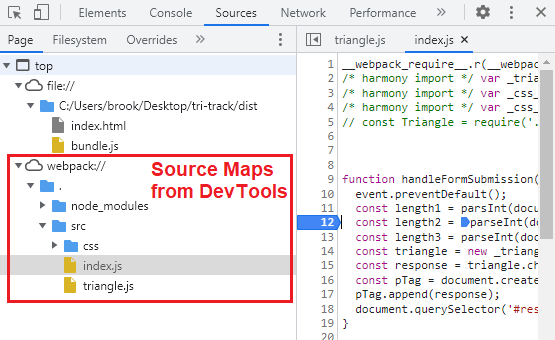 This image shows the DevTools generated source maps for Shape Tracker&#39;s source code in the `src` folder.