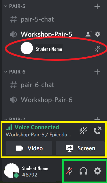 Discord side bar with colored boxes outlining voice channel, connection status, and user settings