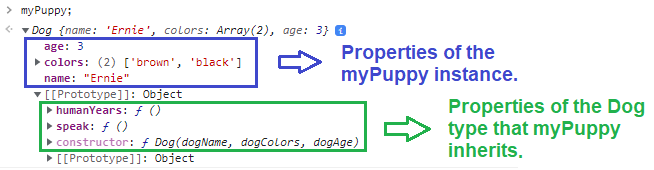 This image highlights which properties belong to the instance `myPuppy` and which are inherited from the `Dog` object type.