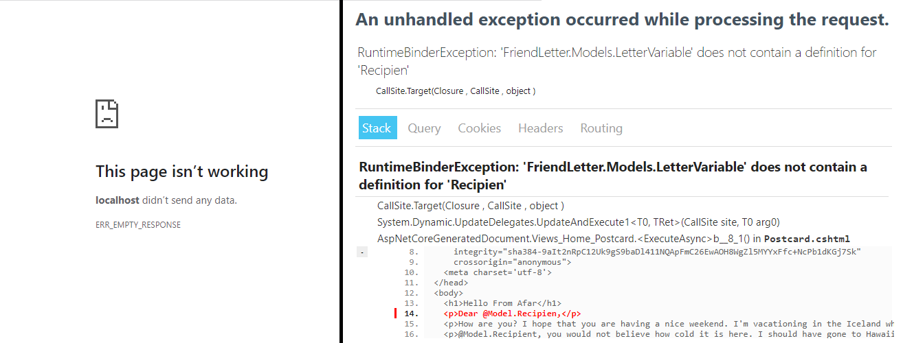 A generic error message is pictured on the left and an error message via Developer Exception Pages is pictured on the right.