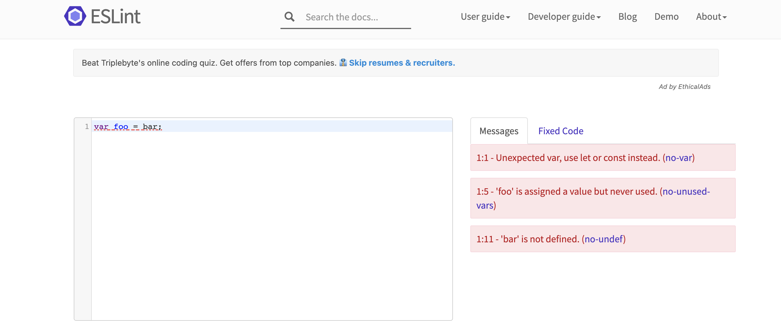 ESLint window with a code snippet on the left and errors on the right.