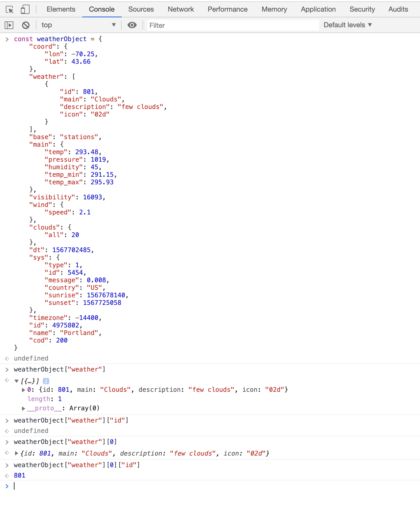 An example of using the console to find a deeply nested property