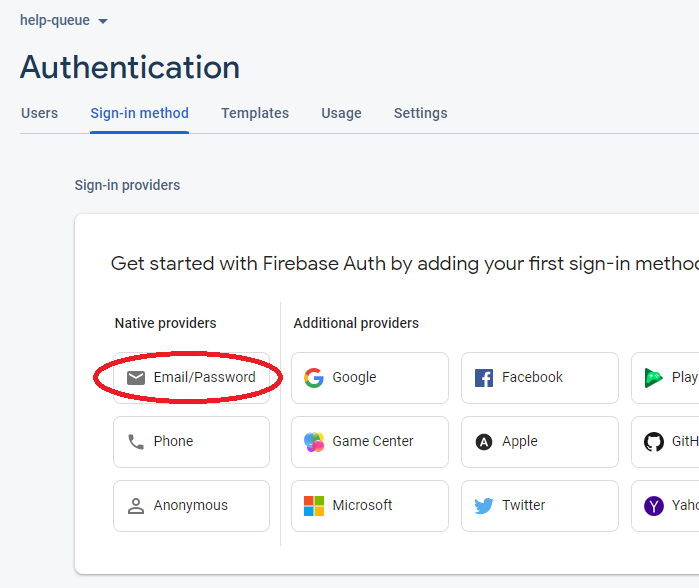 Select _Email/Password_ from the many listed options for _Sign-in providers_.