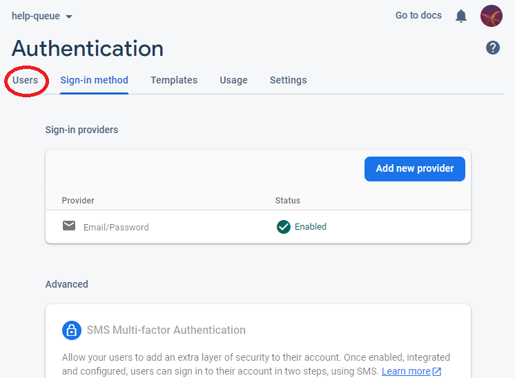 _Email/Password_ is not listed as an active authentication provider in the _Authentication_ section of the Firebase console. Also, the _Users_ tab is highlighted in a red circle.