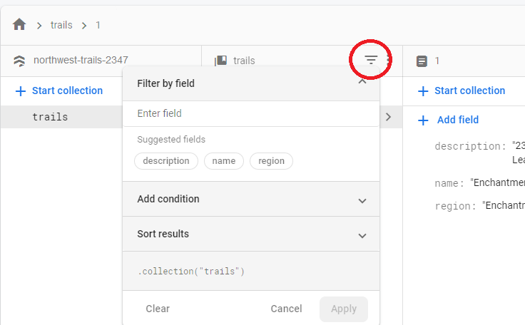 Icon shows how we can filter data in Firebase.