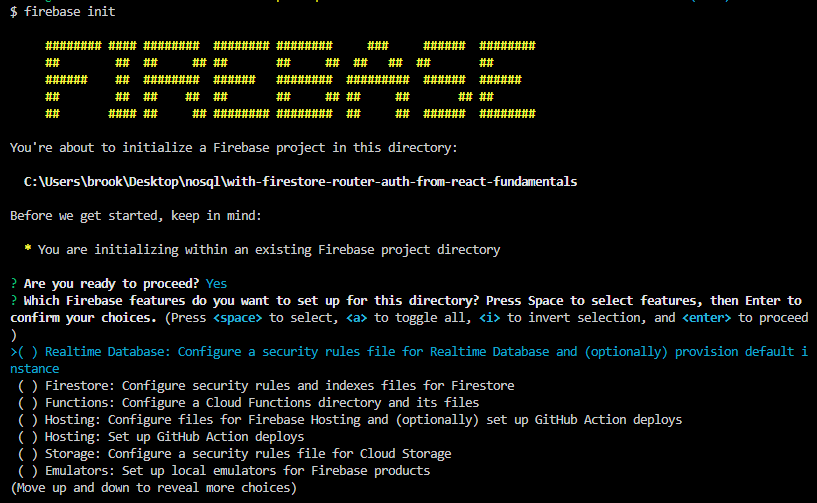 Terminal output from running `firebase init`.