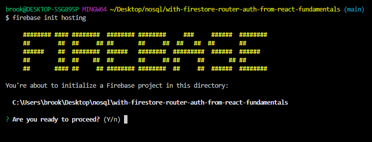 Terminal output from running `firebase init hosting`.