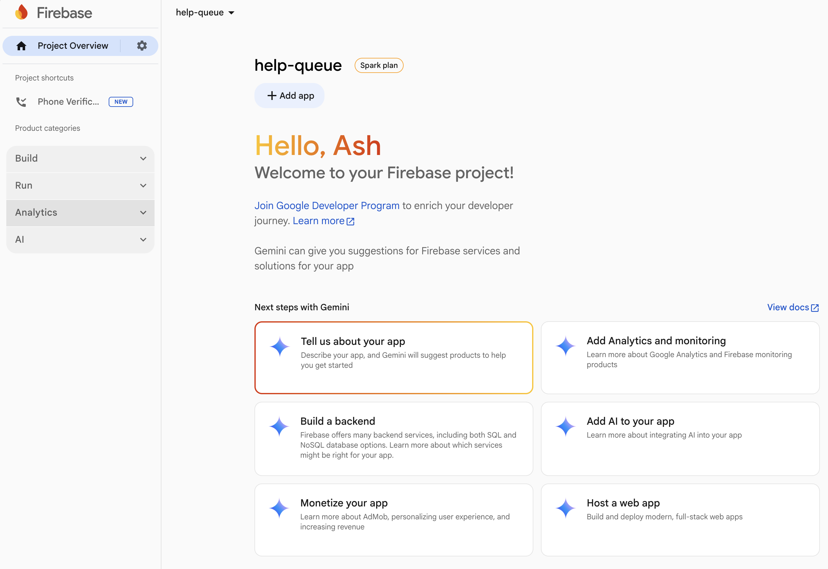 The Help Queue project homepage on Firebase, and the various navigation options.