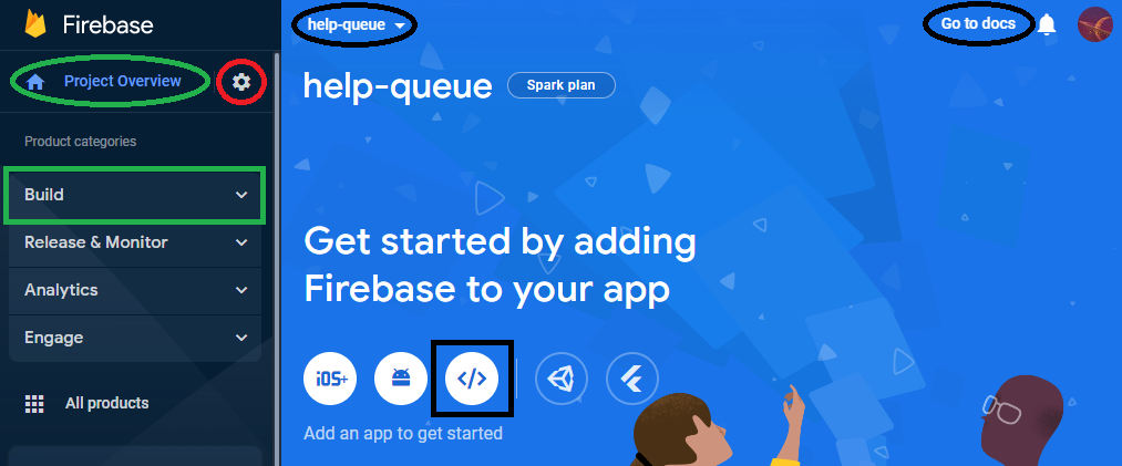 The Help Queue project homepage on Firebase, and the various navigation options.