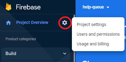 You can access _Project settings_ in the upper left-hand corner of the Firebase console.