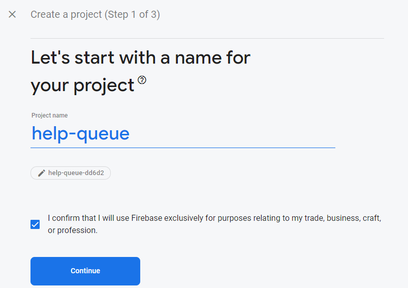 Firebase screen for naming a project