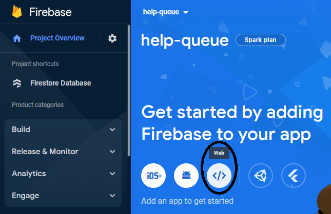 This image shows the screen for adding Firebase to an application. The icon for adding Firebase to a web application is circled.