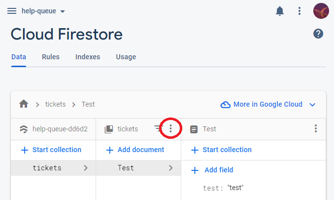 How to delete a collection via the online Firestore database UI.