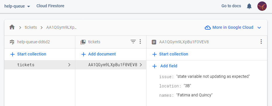 Data in the Firestore database: a `tickets` collection with one ticket in it. The ticket has an auto-generated ID from Firestore.