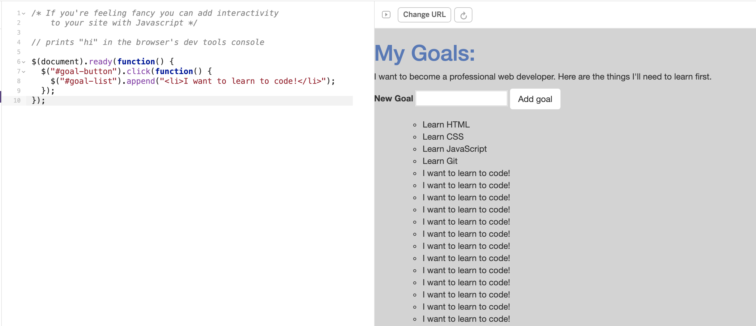 The new code for a click function shows on the left. On the right, the site preview shows &quot;I want to learn to code!&quot; being appended many times.