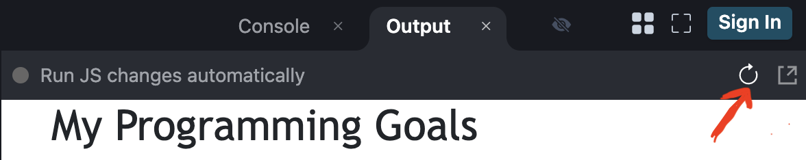 The run button in jsPad&#39;s Output panel