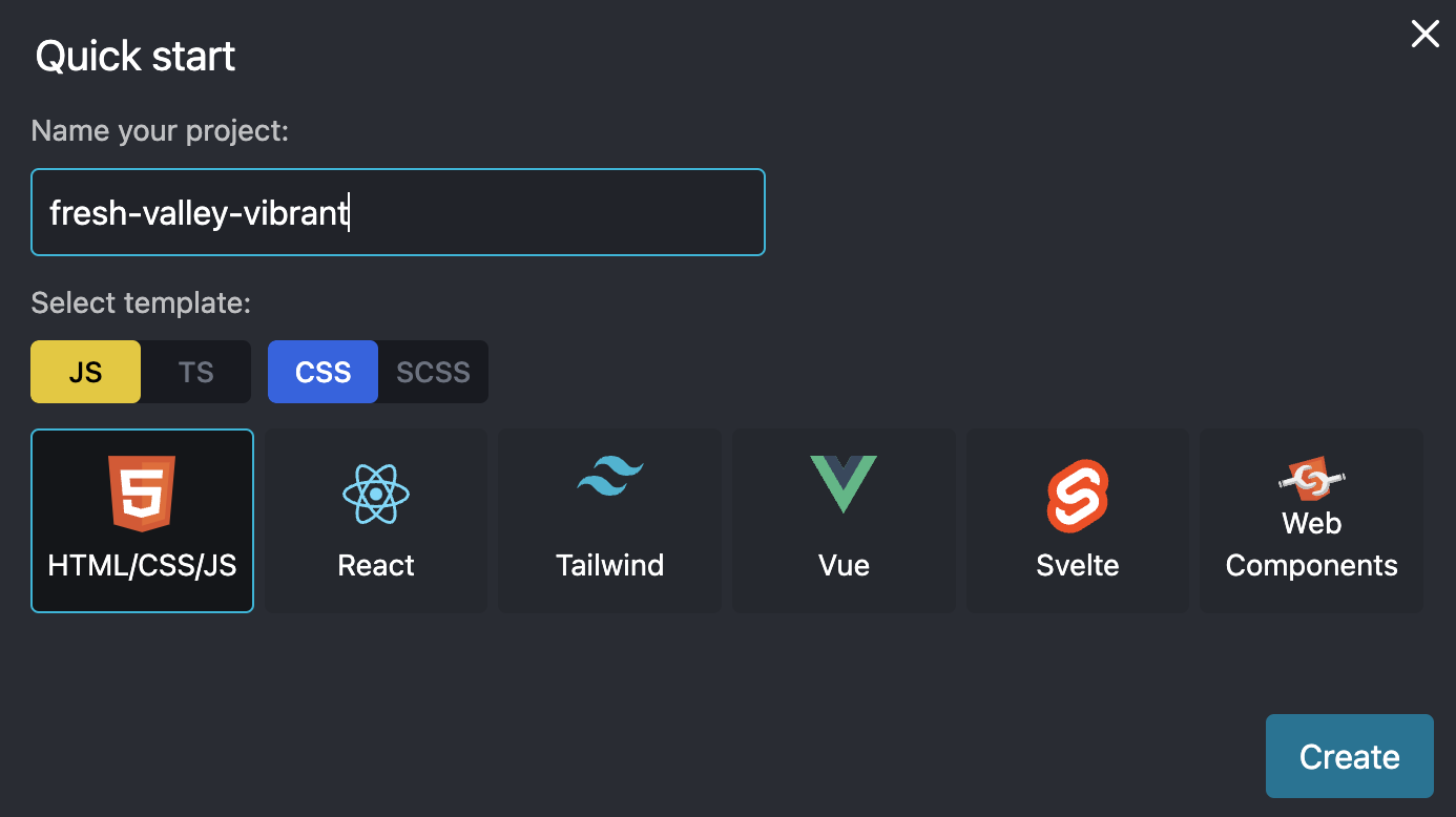 Click on &quot;Create&quot; button from the jsPad quick start window.