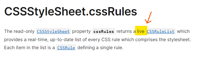 This shows the reference page on MDN for the `CSSStyleSheet.cssRules`, with an added highlight and arrow pointing to &quot;live&quot; in the description.