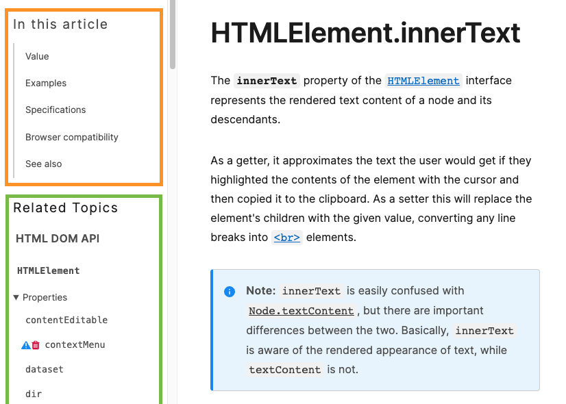 This is an image of the top of the reference page for HTMLElement.innerText.