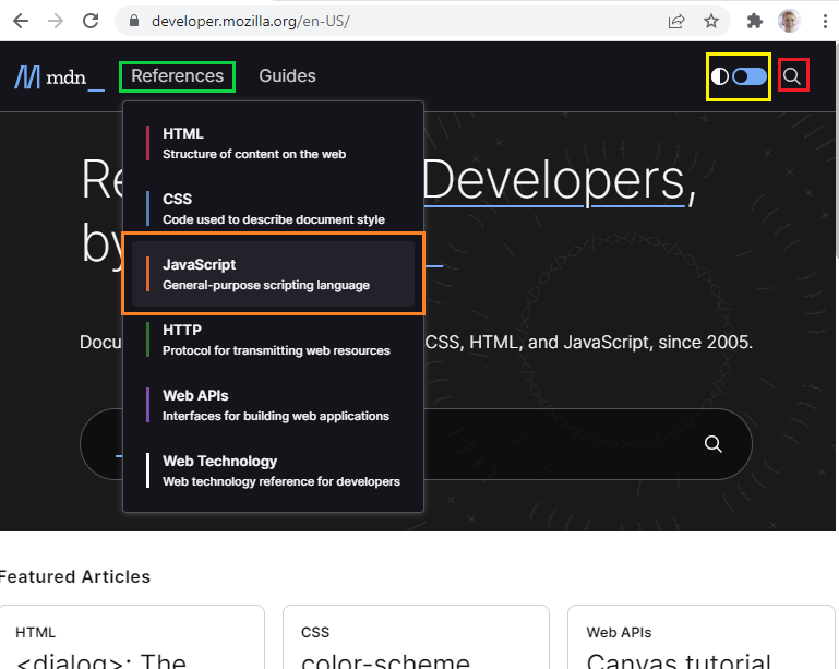 This image shows the homepage of MDN, highlighting the References menu tab, the JavaScript reference menu option, the search feature, and the light/dark theme feature